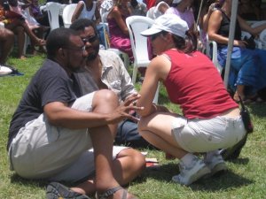 The Calabash threesome in happier times...Kwame Dawes, Justine Henzell and in background--Colin Channer