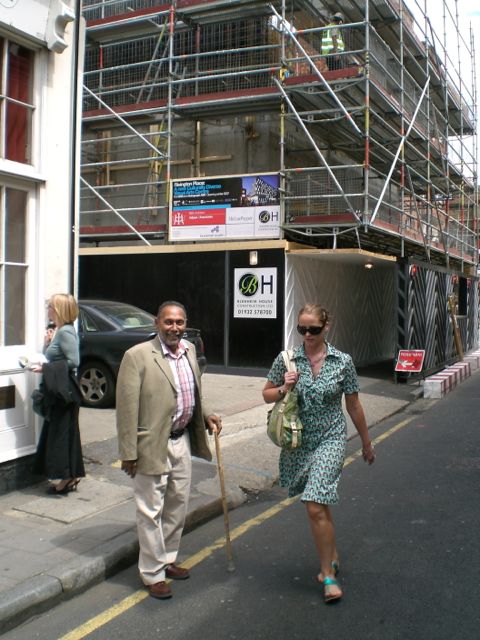 Stuart Hall outside Rivington Place, under construction.